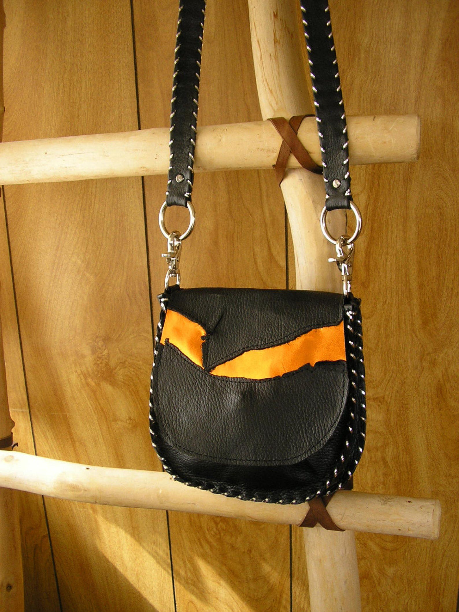 Black and Metallic Orange Leather Purse Crossbody Bag Etsy