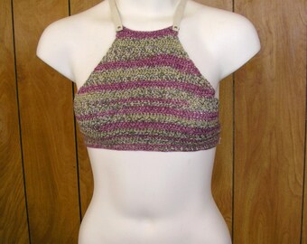 Hand knit halter top, bra, Wild Rose, with cream leather crisscross ties, size Small, see listing for measurements