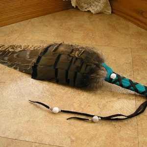 Turkey Feather Fan 16.5 long with wing section, wrapped in turquoise deerskin leather, white agate gemstone & silver beads 1806 image 1