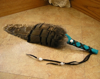 Turkey Feather Fan 16.5" long with wing section, wrapped in turquoise deerskin leather, white agate gemstone & silver beads #1806