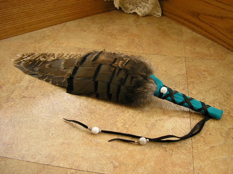 Turkey Feather Fan 16.5 long with wing section, wrapped in turquoise deerskin leather, white agate gemstone & silver beads 1806 image 1