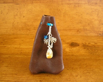 Beach pouch - coco deerskin pouch with a Palm tree charm, crystal and gemstone beads - 4" x 2 1/2" with a drawstring and a shell button