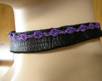 Black leather collar choker with purple rose ribbon, 12" long and 1.25" at the widest point, with leather ties