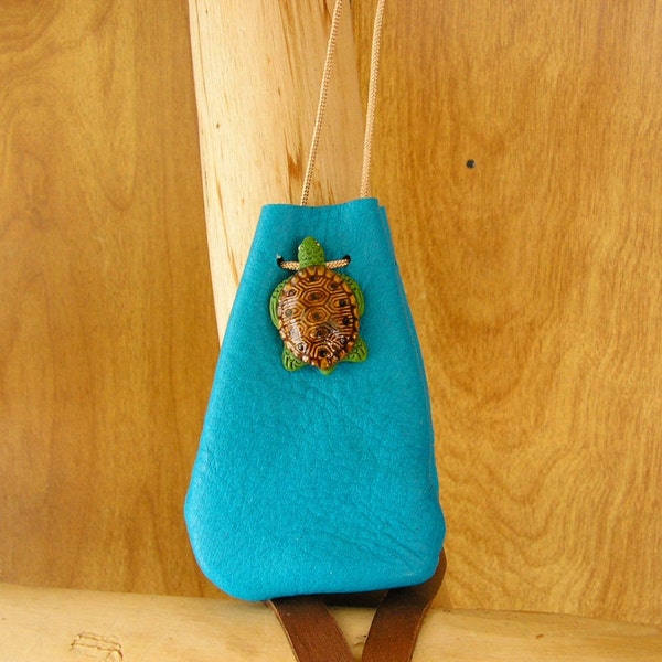 Turtle, turquoise leather drawstring pouch with ceramic turtle charm, 3.5" x 2.5" adjustable 28" nylon neck cord