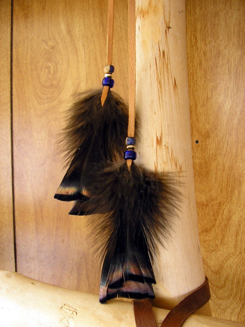 Honey leather and wild turkey feather arm band, made with deerskin leather with blue trade beads image 4