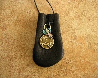 Zodiac Charm with birthstone and star charm - available with or without a black leather medicine bag with neck cord, pouch is 2.5" x  1.5"