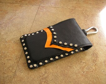 Black & Metallic Orange Leather clip on smart phone case with layered leather, 5 1/2" x 3 1/4 " with rivet studs, ball button and clip