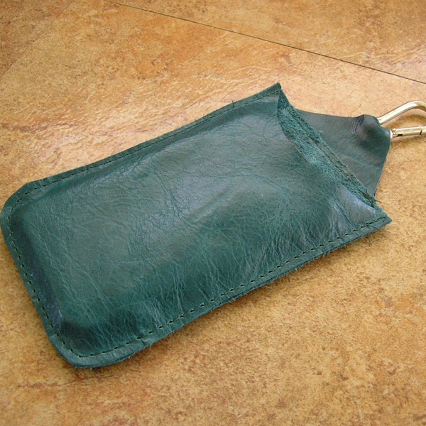 Smart Phone  Leather sleeve, dark teal pull up leather,  spring clip, opening is  6 1/2" x 3 3/4"  will hold a large smartphone