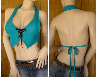 Leather tuxedo vest, halter top, turquoise deerskin leather, laces up in the front, ties in the back, one size fits most, adjustable