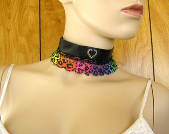 Silver Heart garter choker,  rainbow ribbon and black leather choker, silver heart charm, 1 1/4" wide, with leather ties