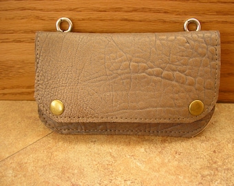 Golden Taupe sheepskin leather clip on bag, hip bag, clip on wallet, 6.75" x 3.5", brass snap, 1 inside pocket, 2 trigger clips