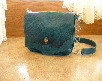 Large Teal pull-up leather purse with a 22" drop chainmail-leather strap and a glass tapestry button,   10" x 8" x 2 1/2"
