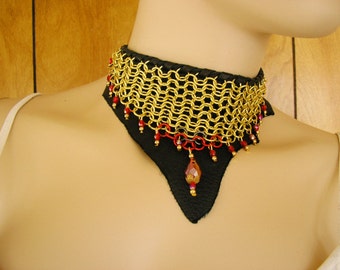 Brass chainmail and Black deerskin leather collar choker with red Czech crystal beads, 4" at the widest point, 10" long with leather ties