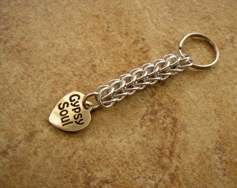 Gypsy Soul Heart  chainmail keychain, 2.75" long with a 3/4" keyring, charm is 1/2"