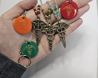 Caduceus Necklaces and Keychains - Greek God Hermes Herald Staff - Medical Nurse Necklaces and Keychains