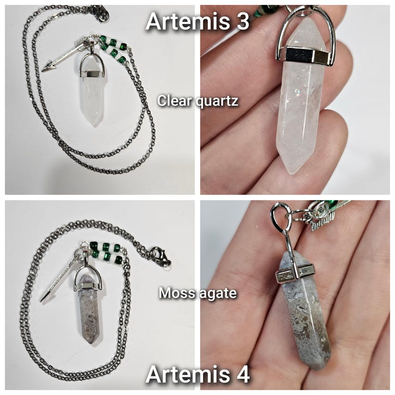 Puede incluir: Dos collares etiquetados como Artemis 3 y Artemis 4. Artemis 3 presenta un colgante de cuarzo transparente en forma de punta en una cadena plateada con un dije de flecha y cuentas verdes y blancas. Artemis 4 presenta un colgante de &aacute;gata musgosa.