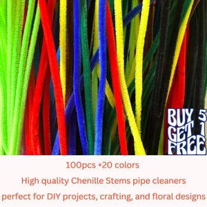May include: A bundle of 100 chenille stems in 20 different colors. The stems are perfect for crafting and DIY projects.  BUY 5 GET 1 FREE.