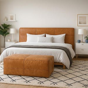 Extra Large Rectangular Leather Pouf Cognac Moroccan Ottoman Cover XL Leather Floor Cushion, Boho Living Room Decor Handmade Leather Ottoman