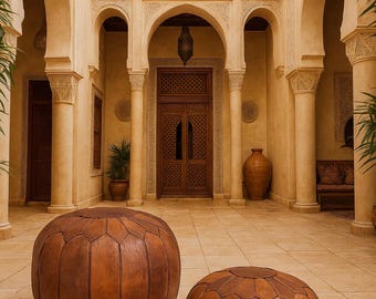 Può includere: Due pouf in pelle marrone in un cortile con porte ad arco e colonne. Il cortile ha una calda tavolozza di colori con una grande porta di legno sullo sfondo. I pouf sono rotondi e presentano un design geometrico.