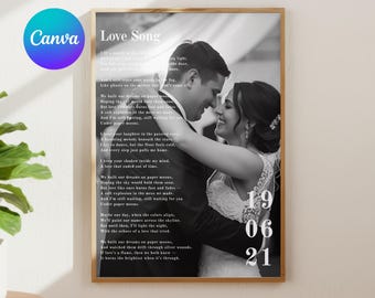 Póster de aniversario de bodas (plantilla de Canva), póster con la letra de la canción del primer baile, perfecto para recuerdos de bodas o aniversarios de papel.