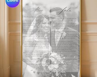 Póster de votos matrimoniales, regalo de aniversario personalizable, perfecto como recuerdo de boda (plantilla para lienzo)