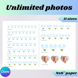May include: A white sheet with various sizes of heart-shaped photo prints, including 4x6" paper. The image features the text "Unlimited photos", "11 sizes", and "Canva". The heart-shaped prints have a blue sky and green grass design.