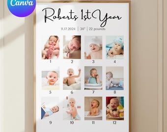 Póster del primer año del bebé / Decoración para la habitación del bebé / Recuerdo del primer cumpleaños / Arte fotográfico personalizable para bebé (niño o niña) / Regalo para el primer cumpleaños