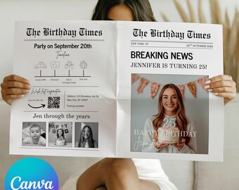 Plantilla de anuncio de cumpleaños en formato de periódico/Diseño Canva personalizable, descarga digital e imprimible para celebraciones importantes.