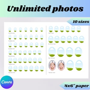 May include: Graphic with text "Unlimited photos" and "10 sizes". It displays oval photo sizes, including 4x6" paper. The Canva logo is in the bottom left corner. Measurements are in mm.