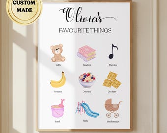 Póster personalizado con las cosas favoritas del bebé, arte de pared con los favoritos del bebé, regalo de primer cumpleaños, recuerdo del primer año, recuerdo del bebé