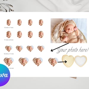 Può includere: Un layout con elementi a tema baby. Include disegni ovali e a forma di cuore con immagini di bambini, che misurano 10 mm x 7 mm, 11 mm x 8 mm, 10 mm x 11 mm e x16 mm. È presente anche una foto di un bambino in un cestino. Il logo Canva è visibile.