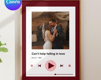 Póster de reproductor de música para el primer baile / Plantilla editable de Canva para parejas / Arte de pared personalizado con canción / Regalo de recuerdo de boda