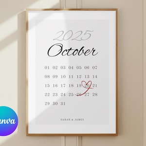 May include: Framed calendar print for October 2025, with the date 20 circled in red and a heart symbol. The names "Sarah & James" are at the bottom. The background is white, and the frame is a light brown color.