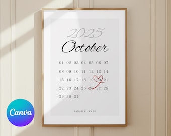 Calendario de boda, arte mural, regalo de aniversario, recuerdo de boda personalizable, decoración del hogar para conmemorar una fecha especial (plantilla de Canva)
