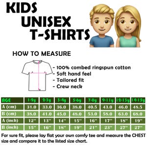 以下が含まれることがあります： 子供用ユニセックスTシャツのサイズ表。表は、1〜2歳から14〜15歳までの年齢のインチとセンチメートルで測定値を示しています。表には、胸囲と長さの測定値が含まれています。