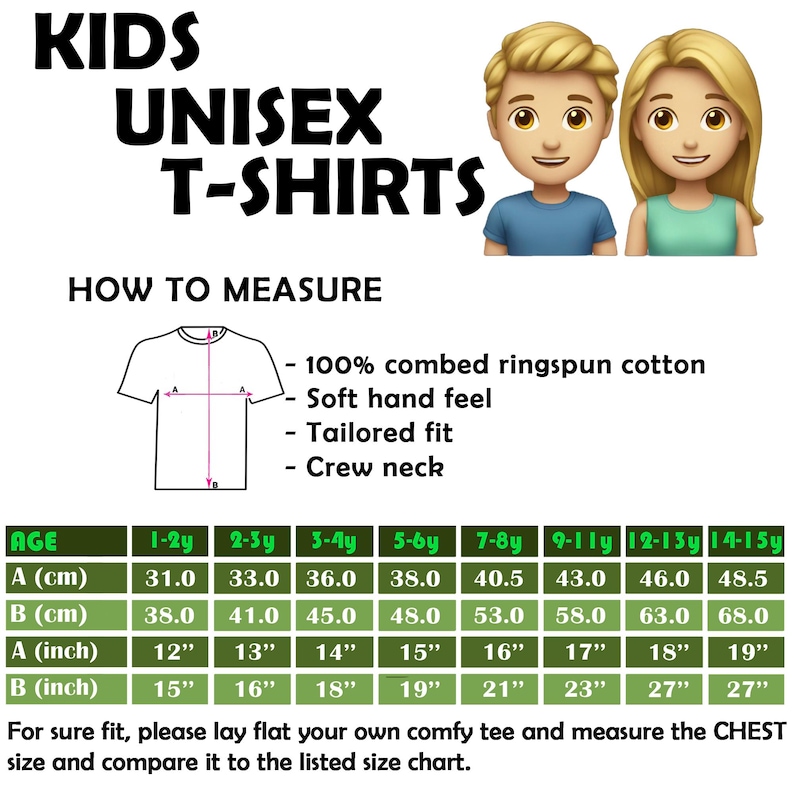 以下が含まれることがあります： 子供用ユニセックスTシャツのサイズ表。表は、1〜2歳から14〜15歳までの年齢のインチとセンチメートルで測定値を示しています。表には、胸囲と長さの測定値が含まれています。