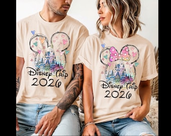 Camisetas personalizadas de Disney Vacation 2026 (Acuarela familiar), Camiseta de viaje a Disney 2026, Camisetas de Disneyland, Camisetas de pareja de Disney, Disneyworld
