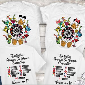 Epcot Drinking around the world shirt, Mickey Beer Minnie Wine front and back, The world Checklist, Disney couple shirts
