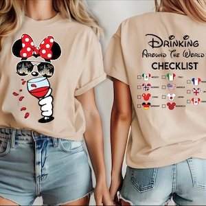 Epcot Drinking around the world shirt, Mickey Beer Minnie Wine front and back, The world Checklist, Disney couple shirts