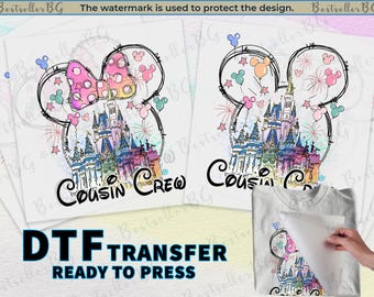 Camisas da equipe Disney Cousin Crew DTF, transferência de primos, prontas para passar a ferro, camisas da Disneylândia, camisas de casal, Disneyworld