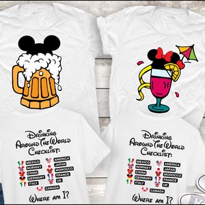 Epcot Drinking around the world shirt, Mickey beer and Minnie cocktail front and back, The world Checklist, Disney couple shirts