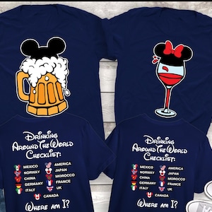 Mickey Beer Minnie Wine front and back, Epcot Drinking around the world shirt,The world Checklist, Disney couple shirts