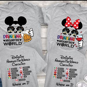 Epcot Drinking around the world shirt, Mickey Beer Minnie Wine front and back, The world Checklist, Disney couple shirts