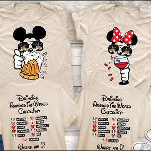 Epcot Drinking around the world shirt, Mickey Beer Minnie Wine front and back, The world Checklist, Disney couple shirts