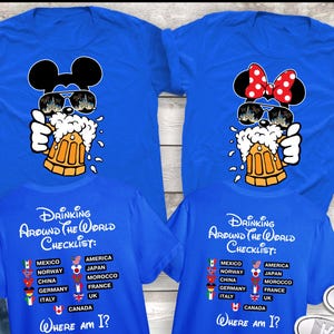 Epcot Drinking around the world shirt, Mickey Beer Minnie beer front and back, The world Checklist, Disney couple shirts