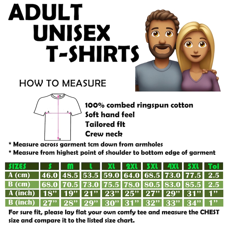 以下が含まれることがあります： ユニセックスTシャツのサイズチャートで、インチとセンチメートルで測定されています。チャートは、Sから5XLまでのサイズで、シャツの胸囲と着丈の寸法を示しています。チャートには、1インチまたは2.5センチメートルの許容範囲も含まれています。