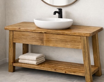 Handmade Rustic Solid Wood Bathroom Vanity – Farmhouse Style Custom Wood Washstand with Shelf