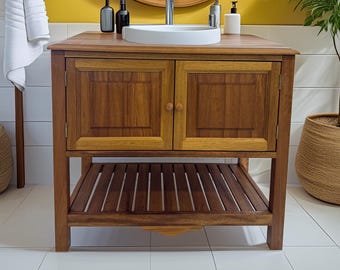 Badezimmer-Waschschrank aus Massivholz - Handgefertigte rustikale freistehende Badezimmer-Aufbewahrung mit Regal