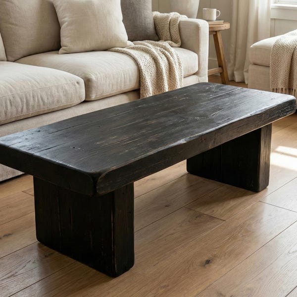 Chunky Black Coffee Table, Rustic Solid Wood Low Profile Living Room Furniture