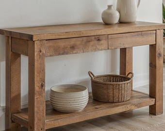 Mesa consola rústica de madera maciza – Mesa de entrada hecha a mano con estante y cajón